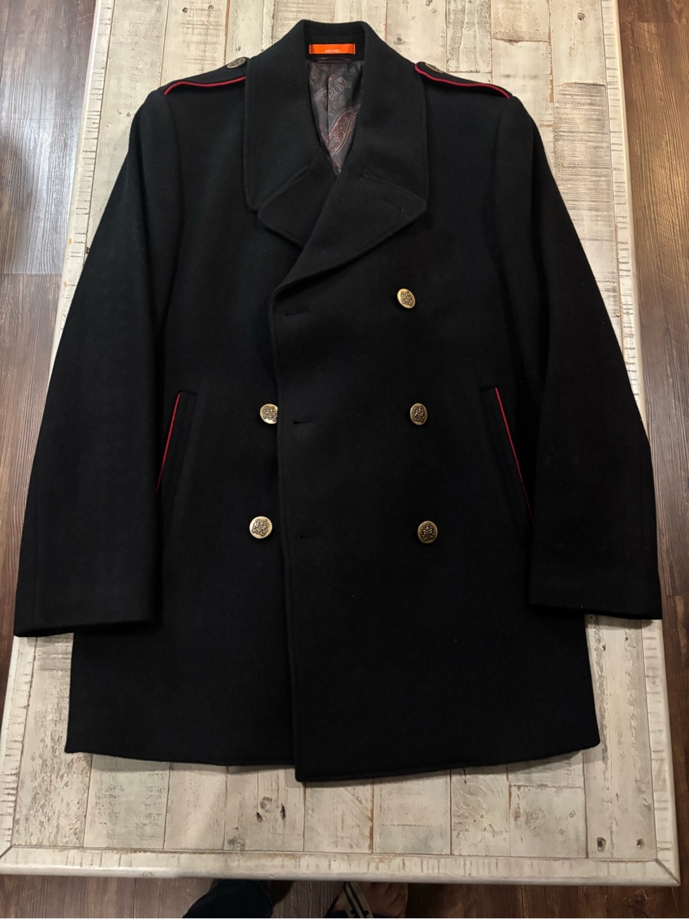 Men's Black Wool Peacoat with Red Trim